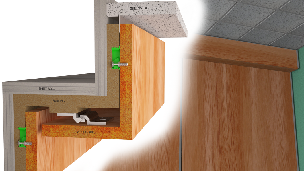 Star Hanger, Green Glide & Ceiling Clip work together to mount a wood soffit. 